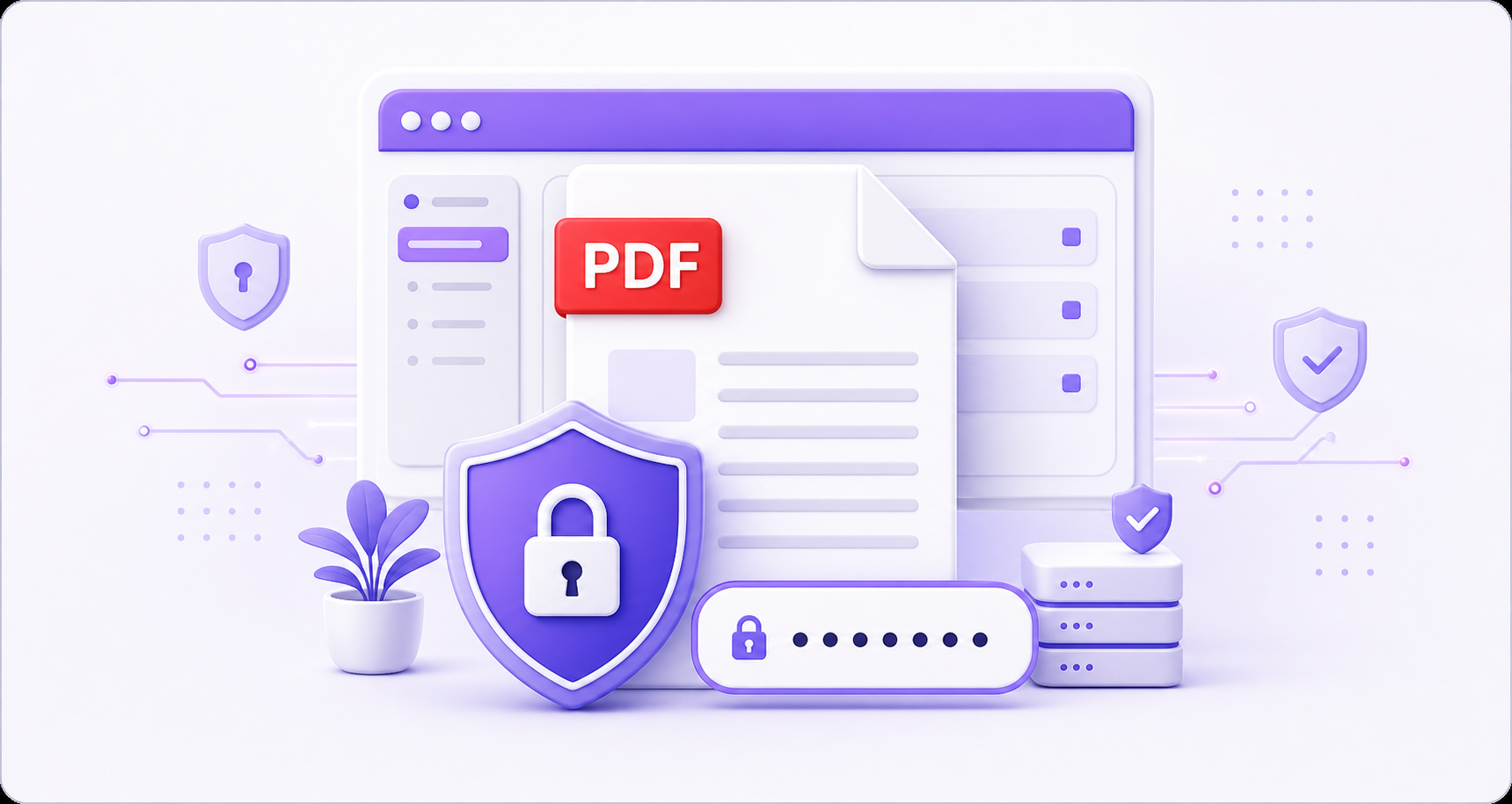 Illustration of a password-protected PDF document with a lock shield
