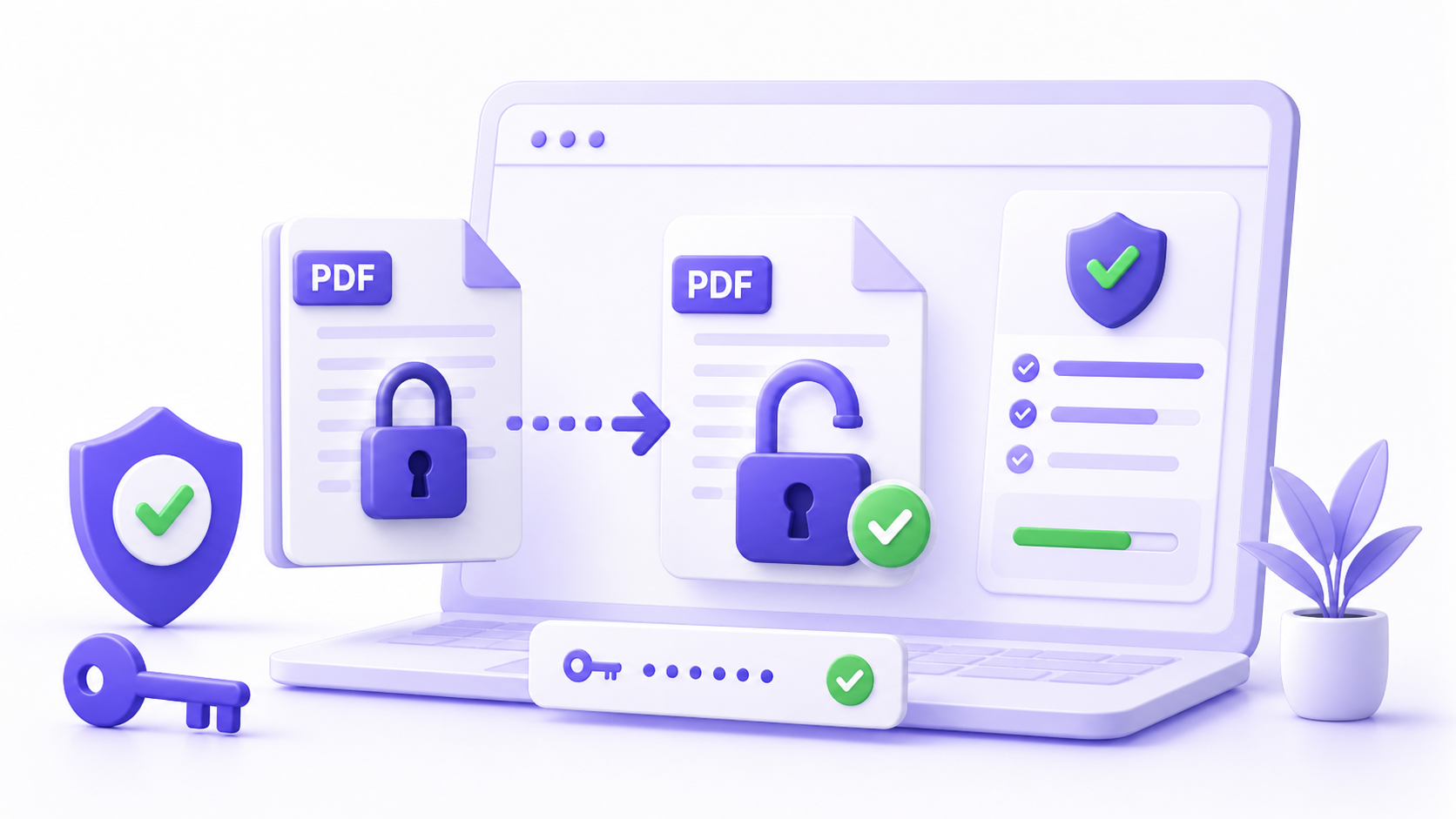 Illustration of a locked PDF being unlocked with a key and success shield